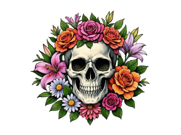 Colourful vintage skull floral punk t-shirt design download instantly Colourful vintage skull floral punk t-shirt design download instantly