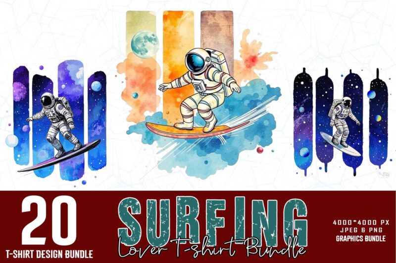 Trendy Retro Surfing Lover t-shirt design bundle of 20 designs – download instantly