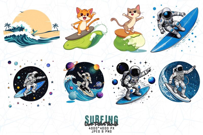 Vintage Surfing Lover t-shirt design bundle of 20 designs – download instantly Retro Vintage Illustration Bundle