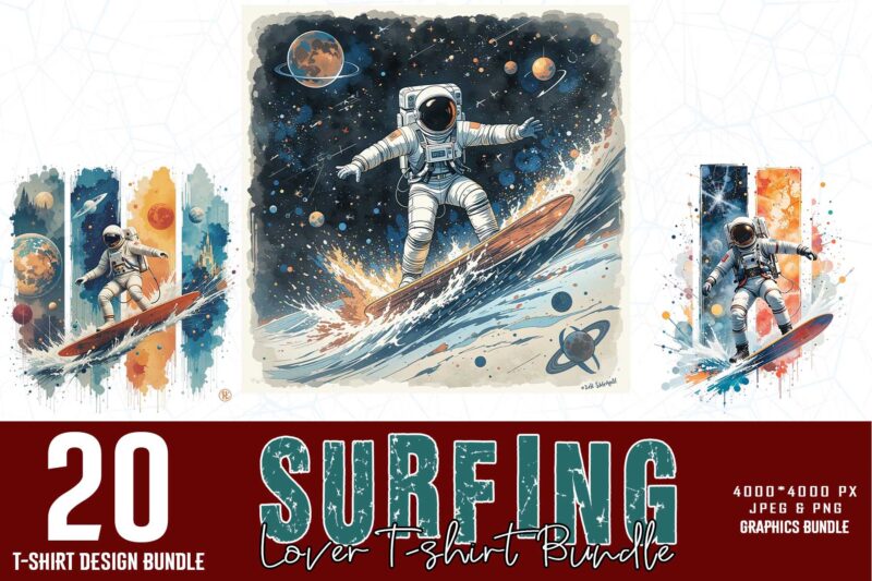 Trendy Retro Surfing Lover t-shirt design bundle of 20 designs – download instantly