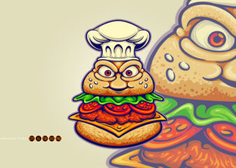 Furious burger mascot wearing chef hat cartoon style
