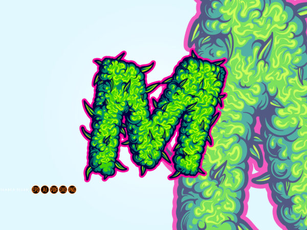 Cannabis themed m letter in green with bold pink outline t shirt vector file Cannabis themed m letter in green with bold pink outline t shirt vector file