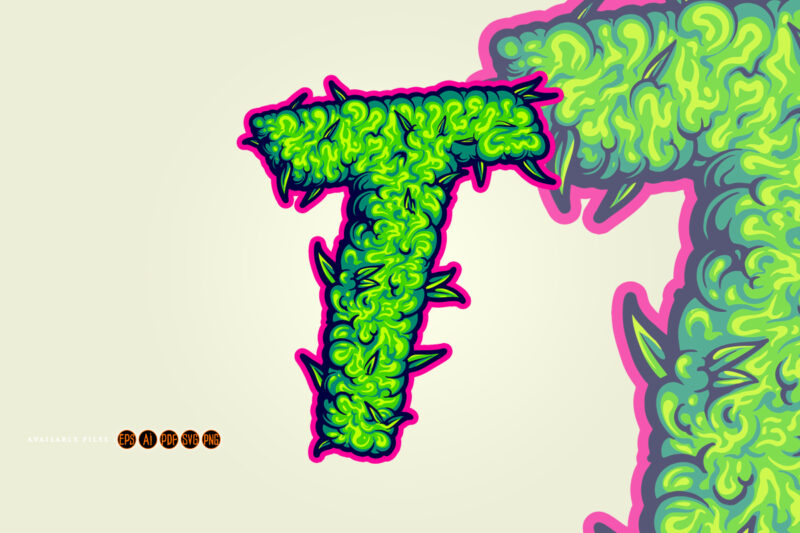 Green T Letter with Marijuana Leaf Design
