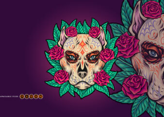 Mexican Floral Dog Skull with Roses and Leaf Ornaments
