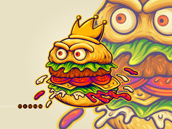 Royal hamburger cartoon with fierce eyes t shirt design online