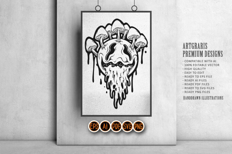 Outline of Psychedelic Face with Mushrooms and Dripping Effects Monochrome