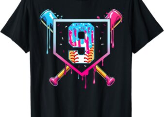 Baseball 9 Year Old Ice Cream Drip 9th Birthday Boy 9 T-Shirt