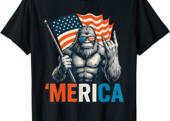 Bigfoot Merica Rock American Flag Patriotic 4th Of July T-Shirt