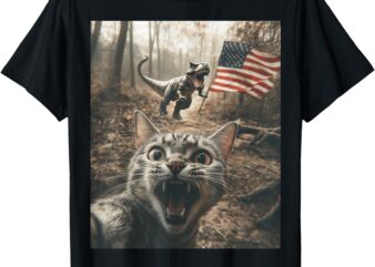 Cat Selfie With Trex Dinosaur USA Flag Patriotic 4th of July T-Shirt