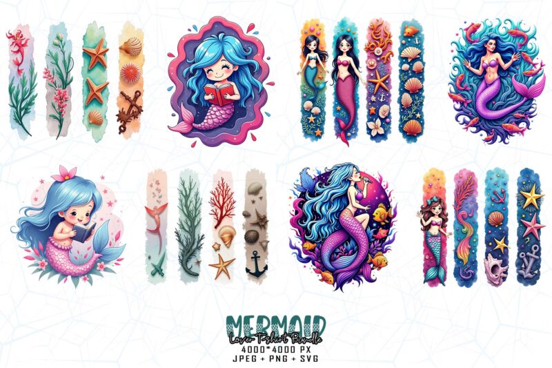 20 Trendy Retro Mermaid Graphics t-shirt design jpeg & png designs – download instantly