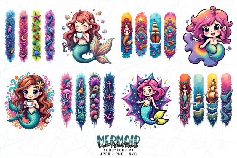 Colourful Vintage Mermaid t-shirt design download instantly Retro Vintage T-shirt Illustration