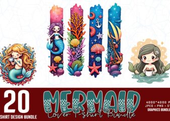 20 watercolour cute mermaid illustration t-shirt design – download instantly