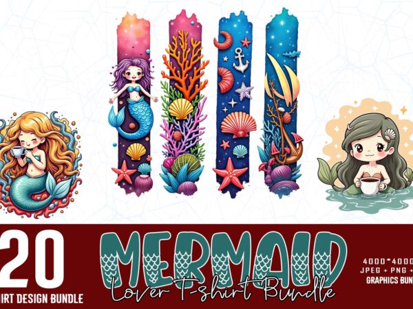 20 watercolour cute mermaid illustration t-shirt design – download instantly