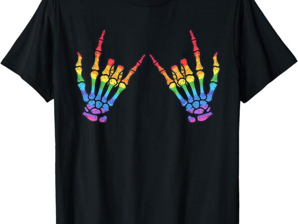 Funny skeleton rock hand lgbtq rainbow flag gay pride ally t-shirt