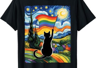 Gay Pride Cat Art Cat Starry Night Style LGBTQ Pride Support T-Shirt