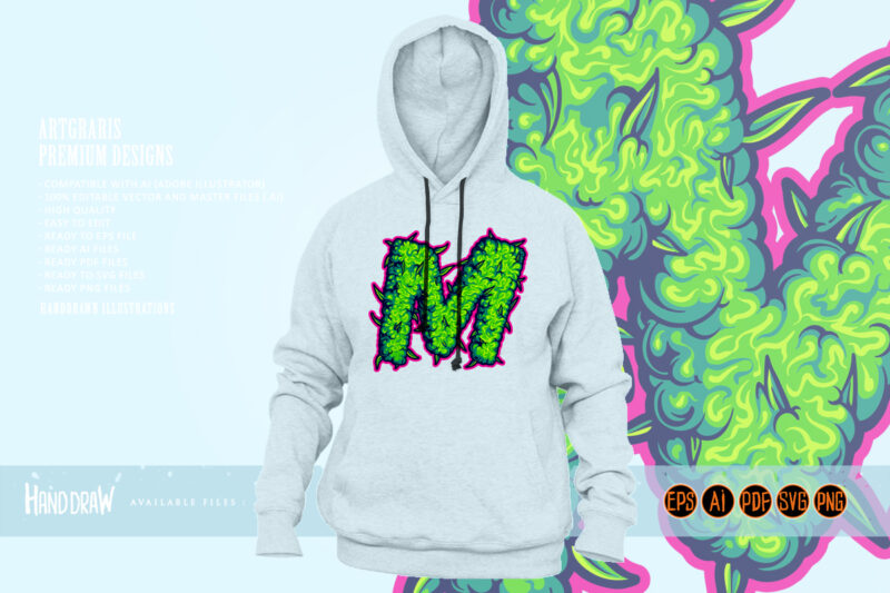 Cannabis Themed M Letter in Green with Bold Pink Outline