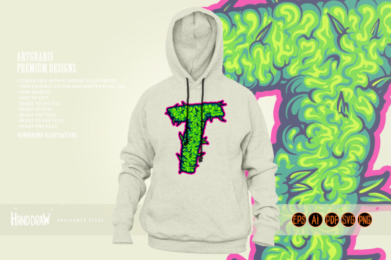 Green T Letter with Marijuana Leaf Design