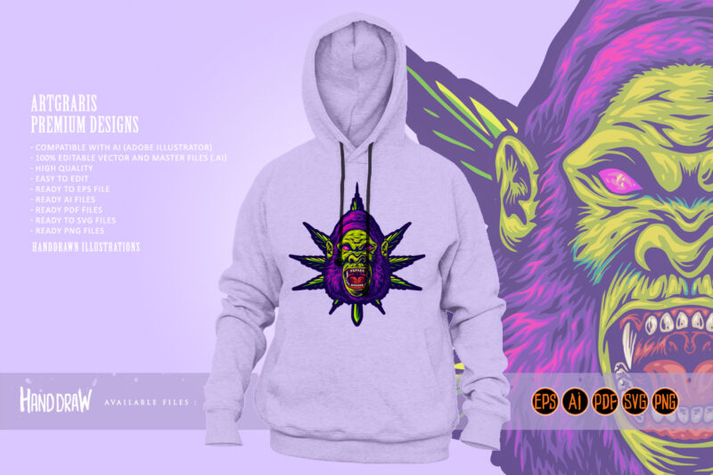 Psychedelic Gorilla Face with Colorful Marijuana Leaves Illustrations