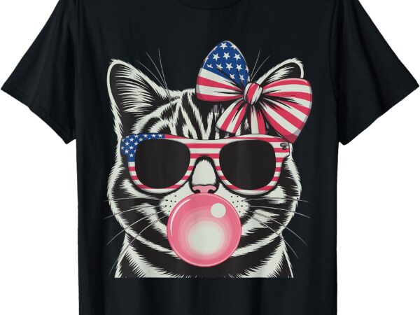 Patriotic cat 4th of july bow american flag girls women t-shirt