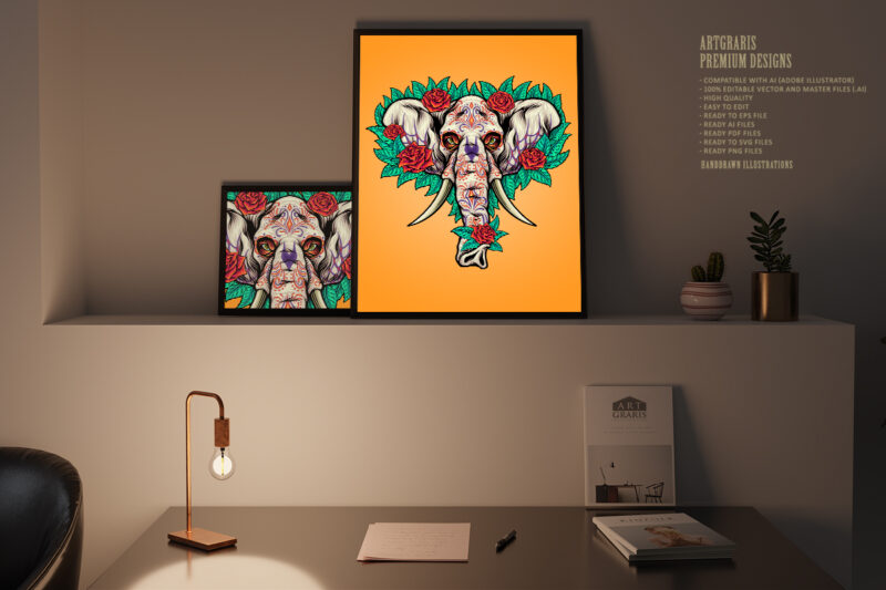 Floral Elephant Skull Dia De Los Muertos
