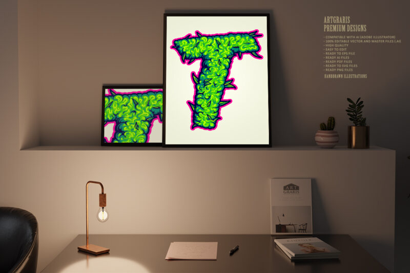 Green T Letter with Marijuana Leaf Design
