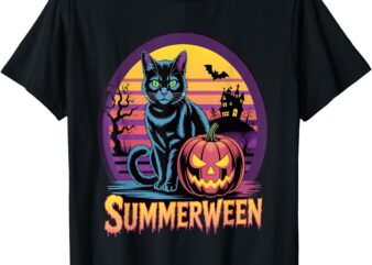 Retro Black Cat Spooky Cute Art Summerween Vibes T-Shirt