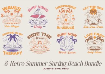 Retro Summer Surfing Beach T-shirt Designs Bundle