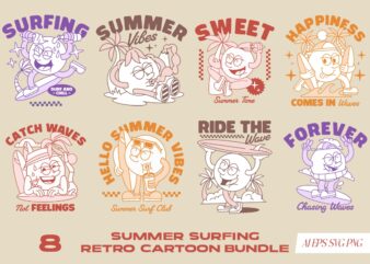 Summer Surfing Retro Cartoon Bundle T-shirt Designs Bundle