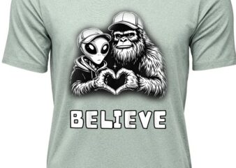 Funny bigfoot and alien sasquatch mates love hand sign gift t-shirt design