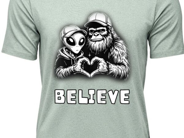 Funny bigfoot and alien sasquatch mates love hand sign gift t-shirt design
