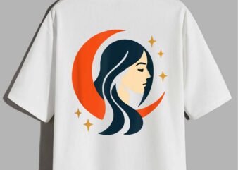Minimalist Woman with Moon and Stars Design T-Shirt