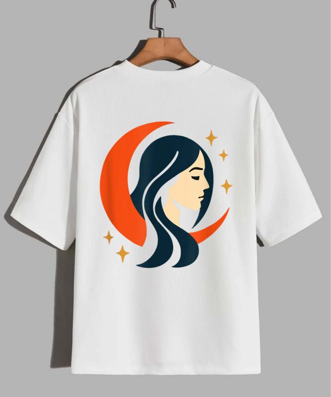 Minimalist Woman with Moon and Stars Design T-Shirt