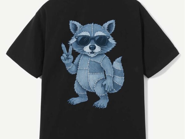 Cool raccoon peace sign denim patchwork sunglasses funny t-shirt design Cool raccoon peace sign denim patchwork sunglasses funny t-shirt design