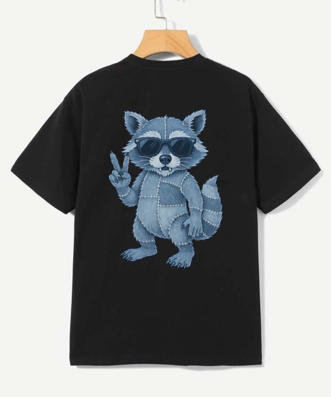 Cool Raccoon Peace Sign Denim Patchwork Sunglasses Funny T-Shirt design