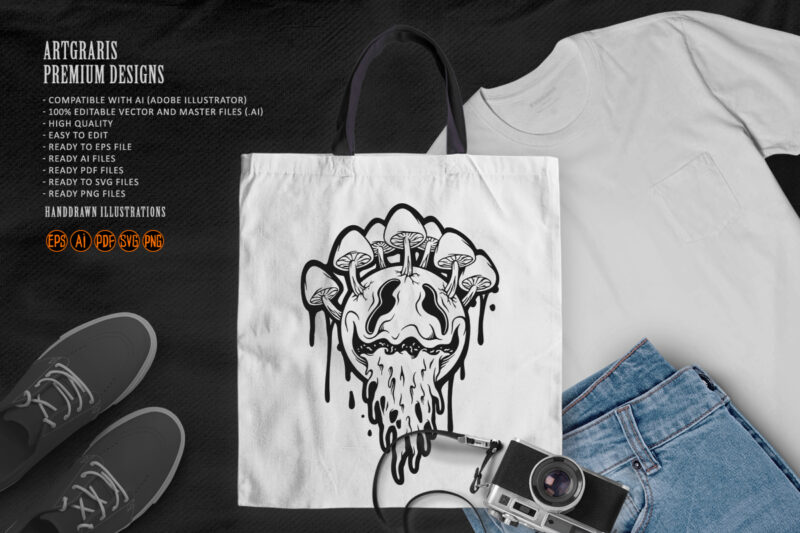 Outline of Psychedelic Face with Mushrooms and Dripping Effects Monochrome
