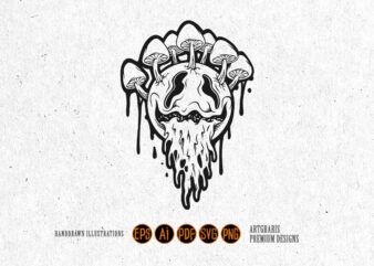 Outline of Psychedelic Face with Mushrooms and Dripping Effects Monochrome