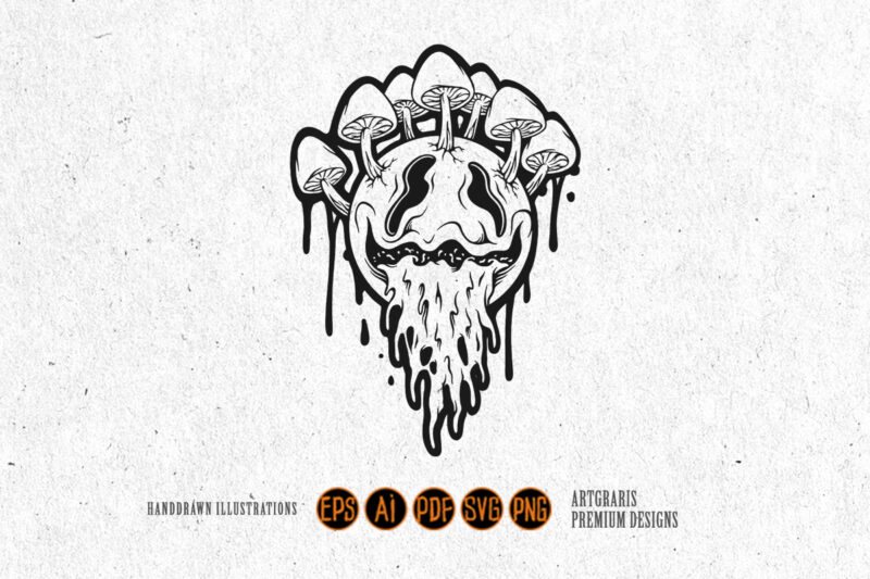 Outline of Psychedelic Face with Mushrooms and Dripping Effects Monochrome