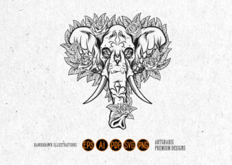 Ornamental Skull of Elephant with Flowers Outline Monochrome