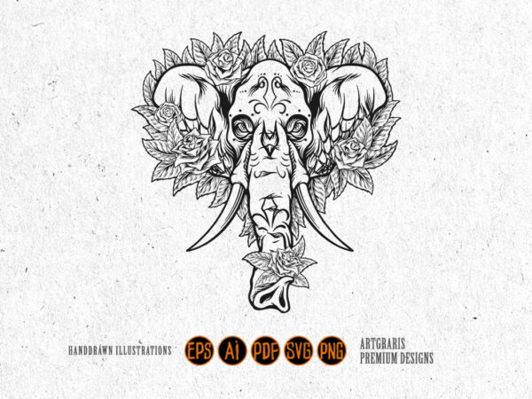 Ornamental skull of elephant with flowers outline monochrome t shirt design online Ornamental skull of elephant with flowers outline monochrome t shirt design online