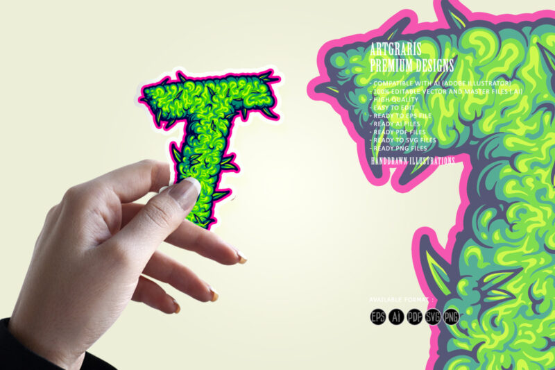 Green T Letter with Marijuana Leaf Design