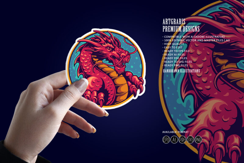 Head Red Dragon Within Blue and Gold Circular Border