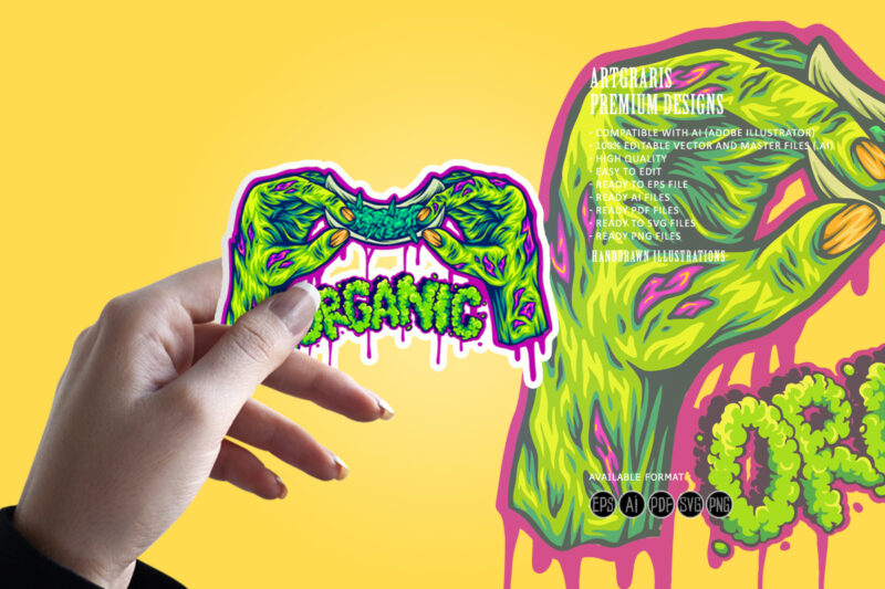 Undead Hands Preparing Weed Joint with Grunge Organic Typography