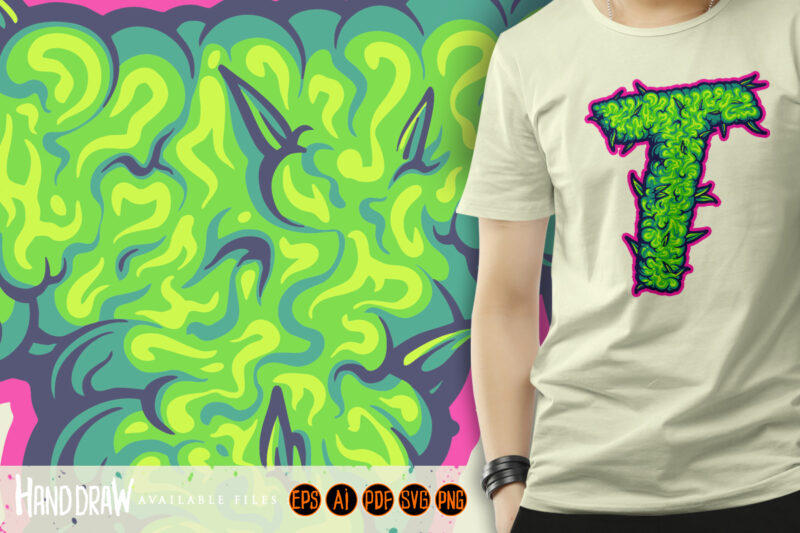 Green T Letter with Marijuana Leaf Design