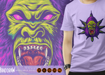Psychedelic gorilla face with colorful marijuana leaves illustrations