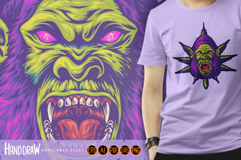 Psychedelic Gorilla Face with Colorful Marijuana Leaves Illustrations