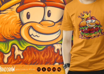 Happy burger mascot wearing royal crown cartoon style