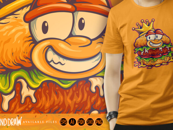 Happy burger mascot wearing royal crown cartoon style graphic t shirt Happy burger mascot wearing royal crown cartoon style graphic t shirt