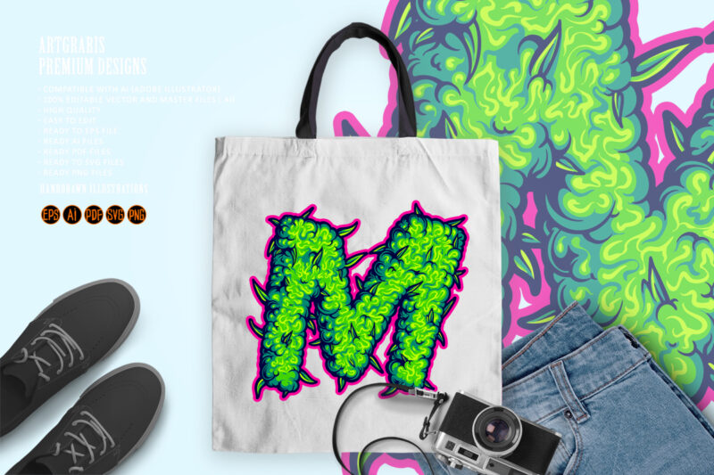 Cannabis Themed M Letter in Green with Bold Pink Outline