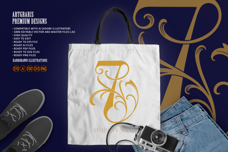 Elegant Floral Gold 7 Monogram Logo Design