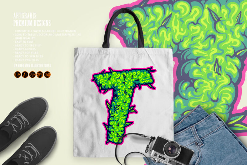 Green T Letter with Marijuana Leaf Design